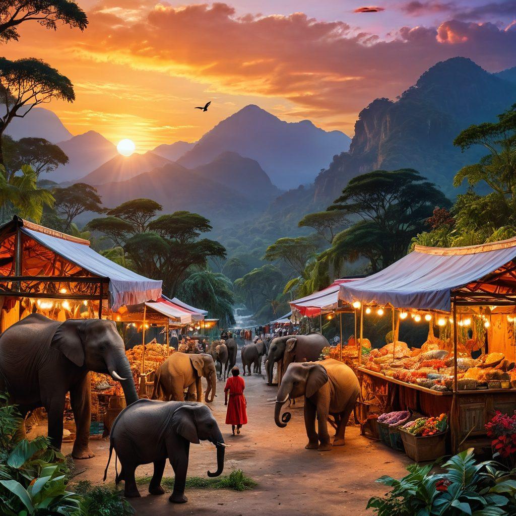 A breathtaking landscape showcasing a vibrant sunset over a lush jungle teeming with diverse wildlife, including elephants and exotic birds. In the foreground, a colorful market stall representing cultural treasures with artisans showcasing handcrafted goods. The background features majestic mountains hinting at adventure. A sense of exploration and discovery envelops the scene. super-realistic. vibrant colors. 3D.
