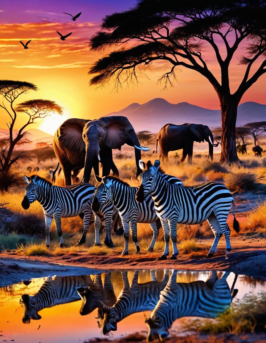 A vibrant landscape capturing the essence of Africa's wilderness, featuring a joyful zebra family frolicking on a sunlit savannah surrounded by acacia trees and a vivid sunset. In the background, playful elephants splash in a watering hole while colorful birds soar in the blue sky. Include a touch of adventure by hinting at safari vehicles in the distance. super-realistic. vibrant colors. scenic beauty.