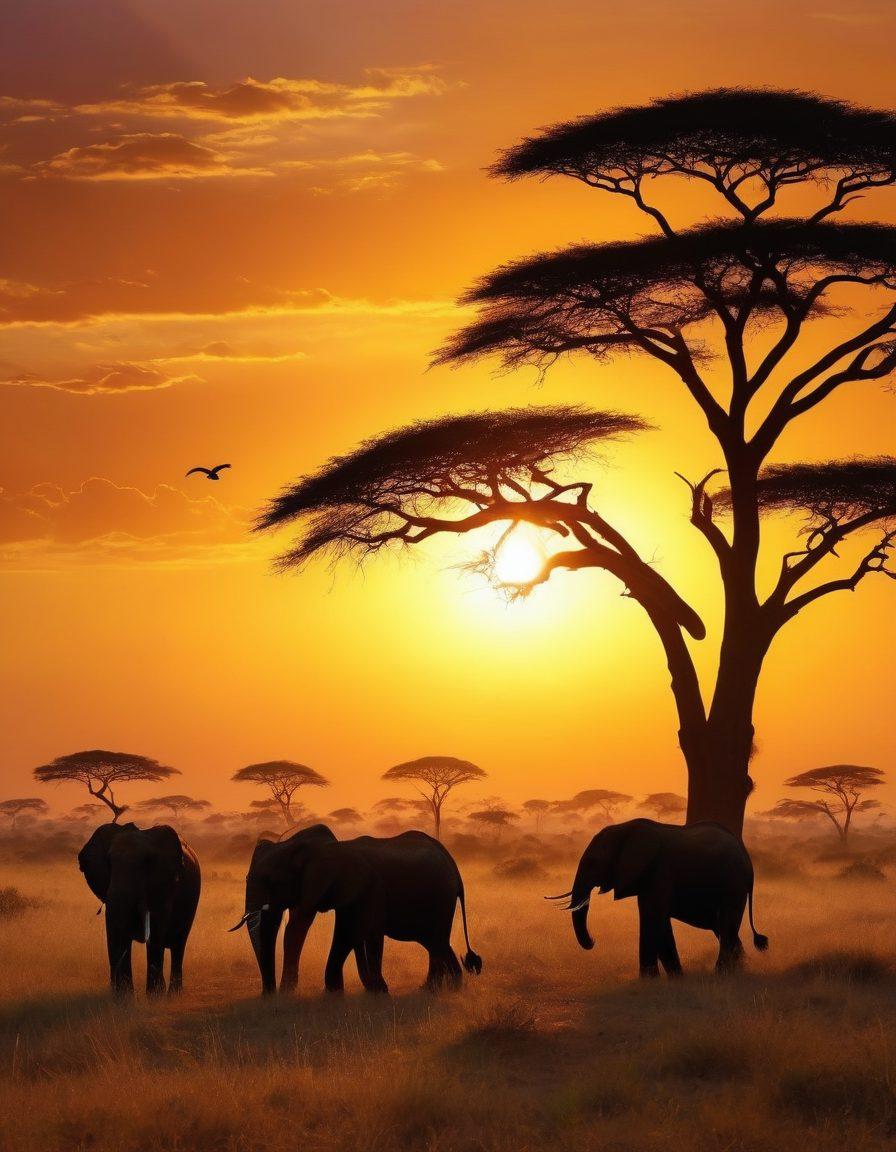 A stunning depiction of an African safari scene, showcasing a vibrant savannah with silhouetted acacia trees against a golden sunset. Include majestic elephants and a pride of lions peacefully interacting, with colorful birds soaring above. Infuse the image with an adventurous spirit, capturing the essence of exploration and joy in nature. Illustrate a diverse group of travelers in the foreground, taking pictures and sharing smiles. This should be painted in a vivid, realistic style with warm tones that evoke excitement.